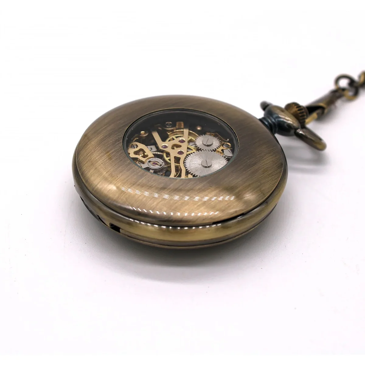 Vintage Bronze Wooden Skeleton Half Hunter Alloy Pocket Watch - Image 5
